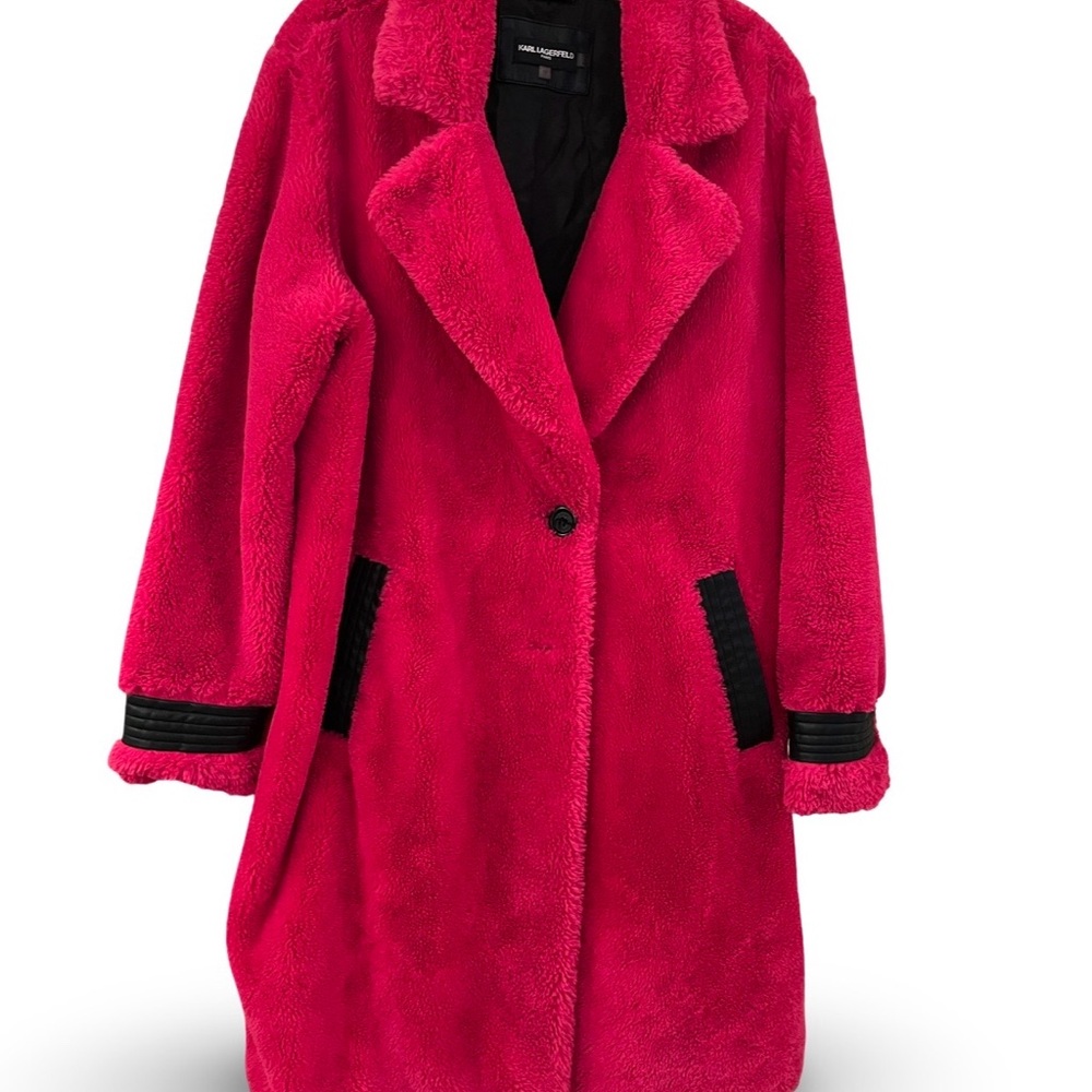 Karl Lagerfeld Vibrant Fuchsia Teddy Faux Fur Jacket with Black Leather Trim